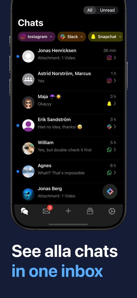 Screenshot der Unora-Mobil-App, der einen einheitlichen Posteingang für Nachrichten von Instagram, Slack, Snapchat und WhatsApp zeigt.
