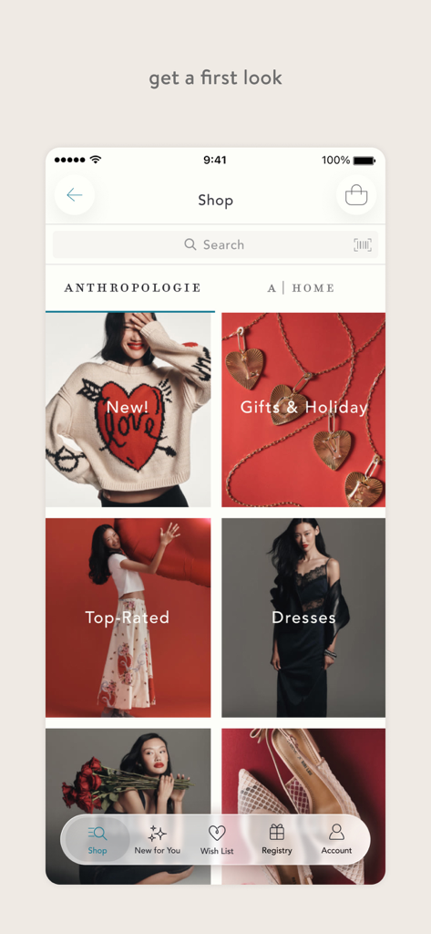 Anthropologie - Anthropologieモバイルアプリのショッピングインターフェース。ファッションカテゴリと新着アイテムが表示されています。
