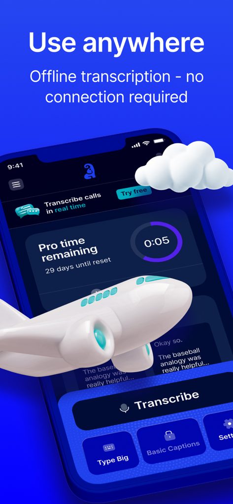 Tela do iPhone exibindo a interface do aplicativo Live Transcribe com destaque de recurso para transcrição offline, incluindo um gráfico de avião 3D