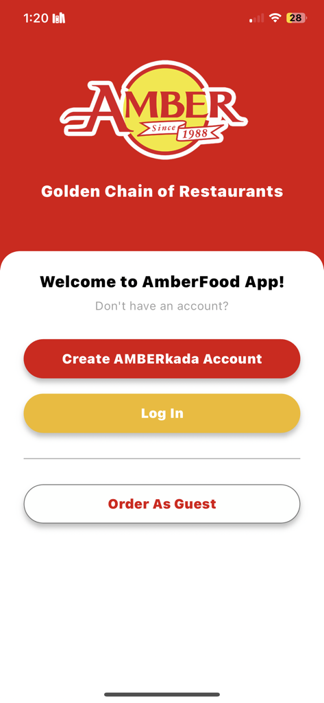 Amber Food App welcome screen with login and guest order buttons