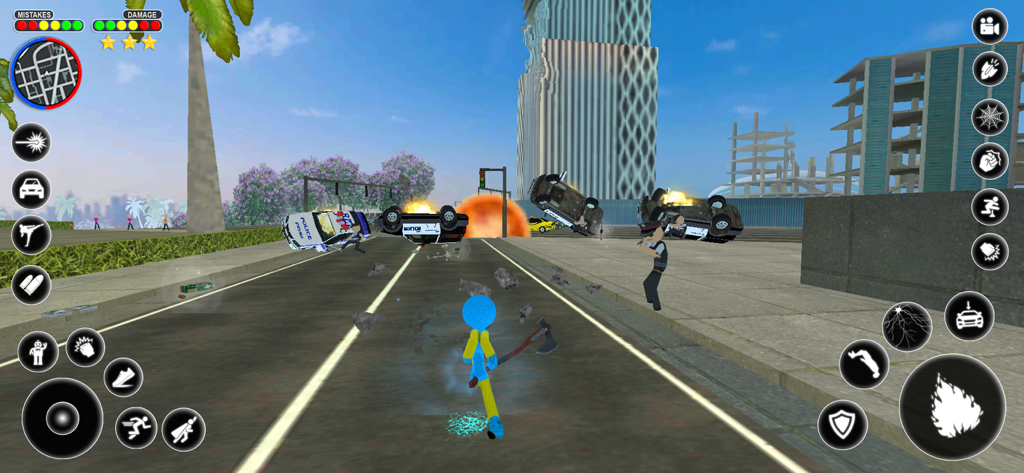 Stickman Rope Hero Spider Game - Personaje stickman con un hacha en una calle de la ciudad con coches de policía explotando en Stickman Rope Hero Spider Game