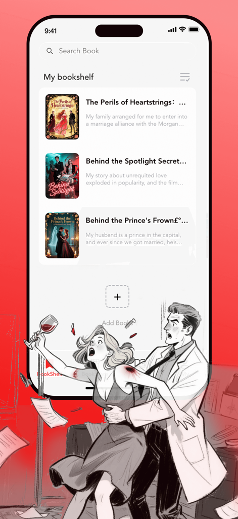 Novellia - Webnovel & Romance - The bookshelf screen of the Novellia app showing romance story titles and dramatic artwork