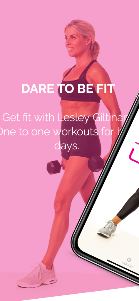Lean With Lesley - Lesley Giltinan holding dumbbells on a pink background for the Lean With Lesley workout app
