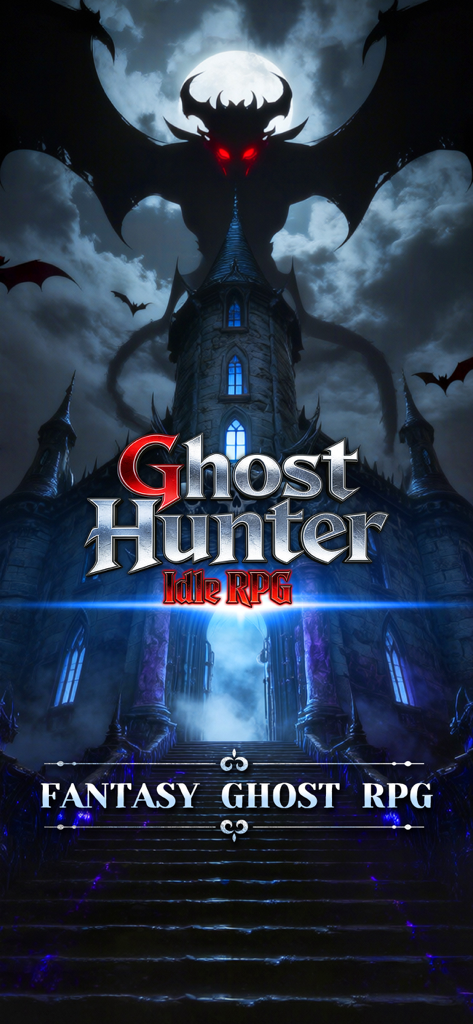 Ghost Hunter: Idle RPG - ゴシック調の暗い城と巨大な悪魔が登場するGhost Hunter Idle RPGのタイトル画面