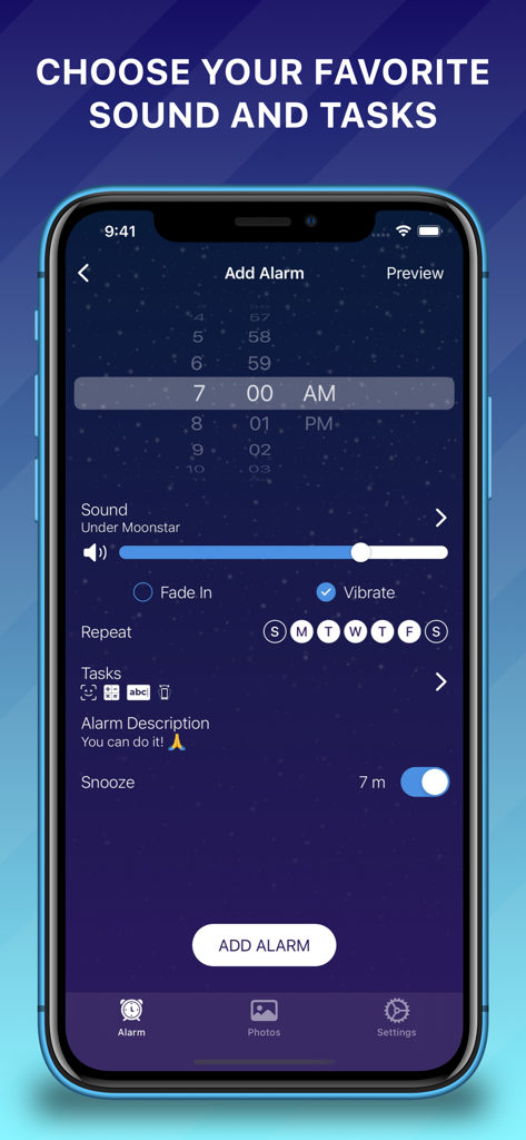 Smart Alarm Clock - Alarmer - Interface do aplicativo Alarmer mostrando configurações para um novo alarme, incluindo seleção de horário, volume do som e tarefas de despertar como matemática ou reconhecimento facial.
