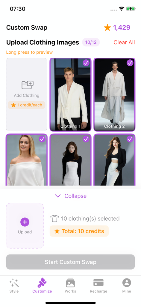 AI.Genie - AI.Genie 앱의 인터페이스로 가상 피팅을 위해 여러 의류 이미지가 선택된 사용자 정의 스왑 기능을 보여줍니다.