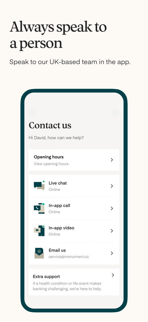 Monument Bank - Monument Bank app contact screen showing options for live chat, in-app call, video, and email support