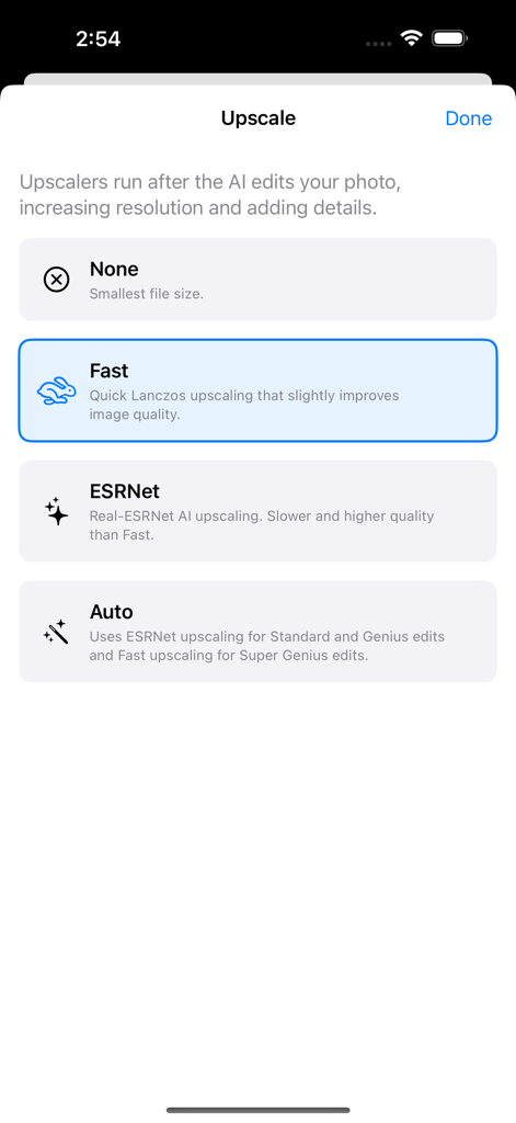 AI Photo Editing - Interface showing image upscaling options including ESRNet and Fast Lanczos in the AI Photo Editing app.