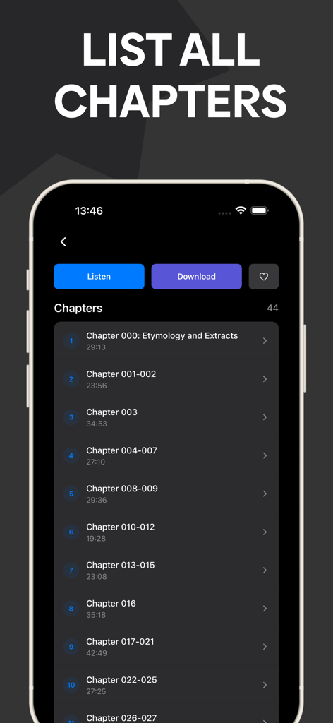 Pantalla de capítulos de audiolibros de Librivox mostrando una lista numerada de capítulos de audiolibros con botones de escucha y descarga en modo oscuro.