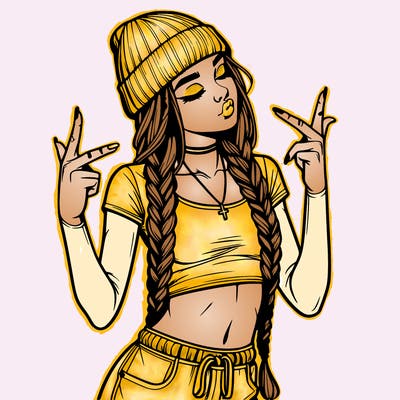 realistic teenage girl with braids and a beanie and crop top doing 🫶🏼