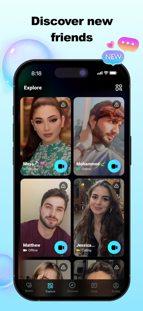 Captura de pantalla de la sección Explorar de la aplicación KALLA que muestra varios perfiles de usuario para descubrir nuevos amigos y comenzar chats de vídeo