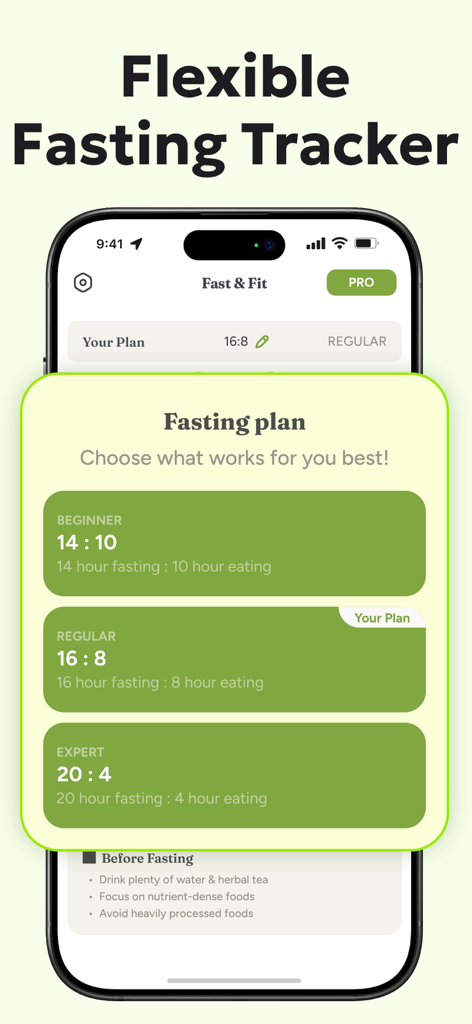 Interfaz de la app móvil Fast and Fit mostrando una selección de planes de ayuno intermitente que incluyen principiante 14-10, regular 16-8 y experto 20-4.