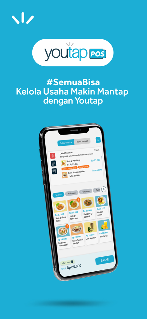 Smartphone displaying the Youtap POS mobile application with a digital menu and payment screen.