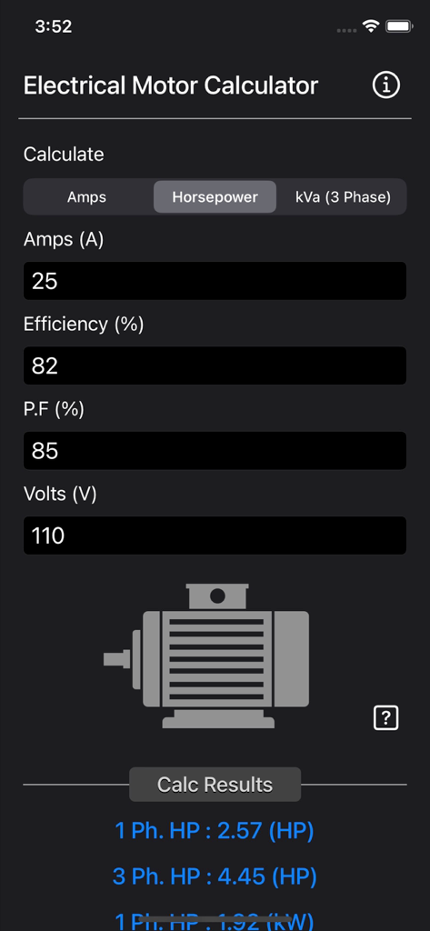 Electrical Motor Calculator - Electrical Motor Calculator app interface displaying calculated horsepower for single and three phase motors based on user inputs