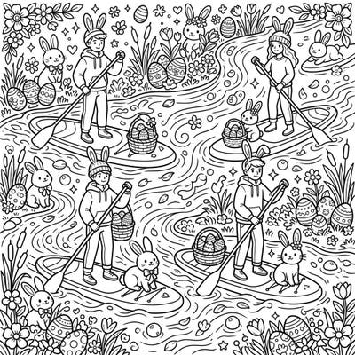 Experience a truly unique Easter celebration with this delightful coloring page featuring paddleboarders alongside playful bunnies. Dive into a vibrant spring scene filled with decorated eggs and blossoming flowers, perfect for coloring enthusiasts of all ages.