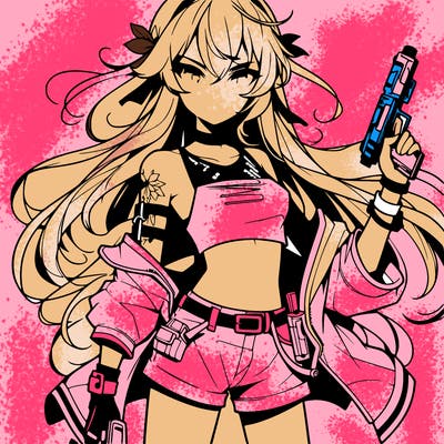 bad girl wearing crop top holding a gun long hair anime
