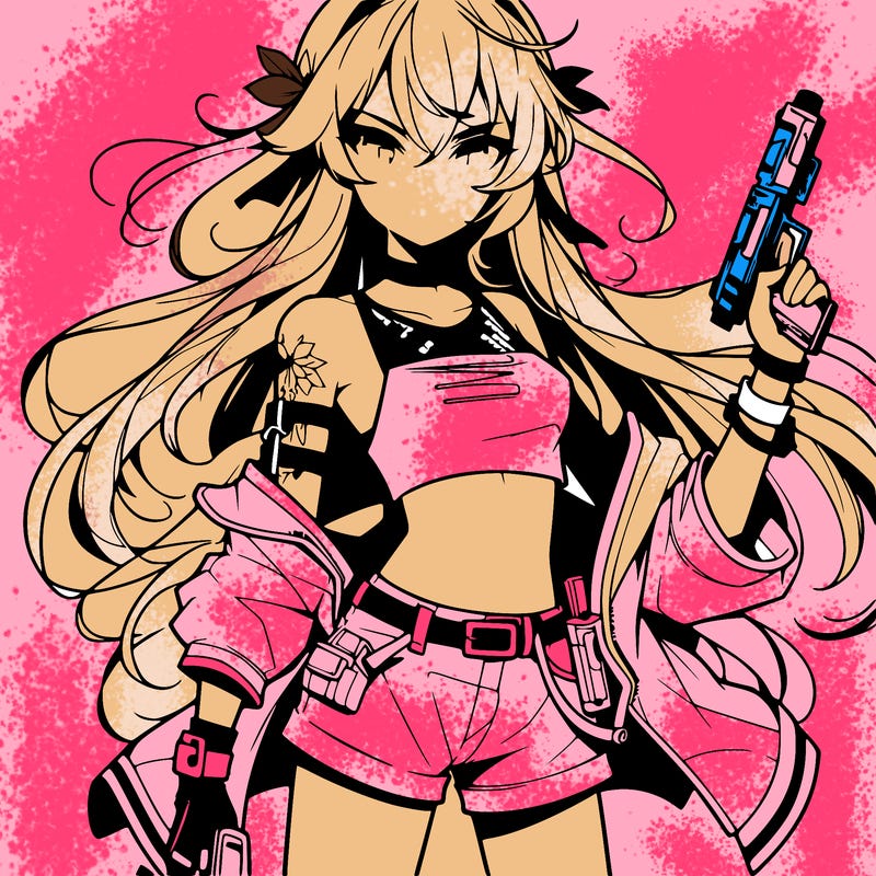 bad girl wearing crop top holding a gun long hair anime