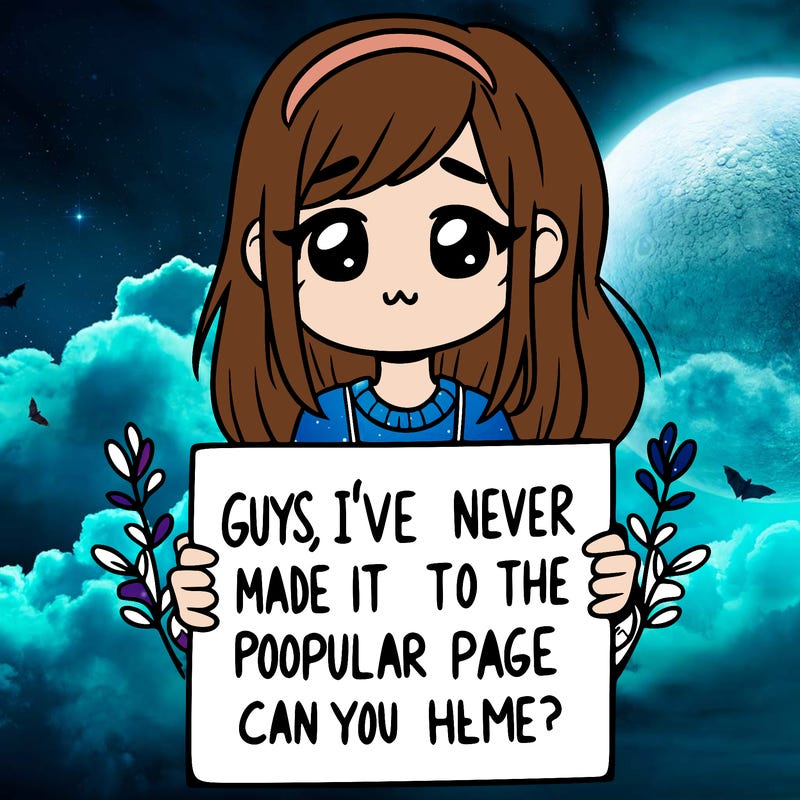 a girl holding up a sign that says, guys, i’ve never made it to the popular page, can you help me?