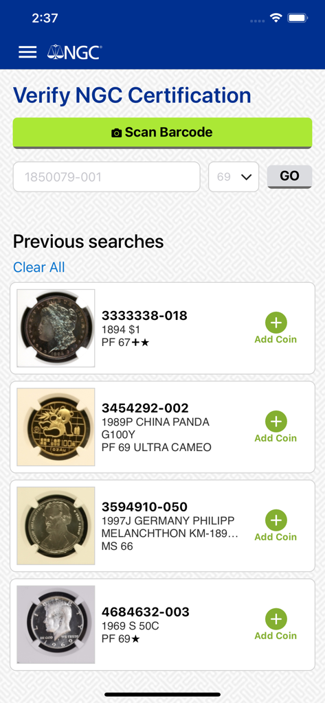 NGC app interface for verifying coin certification with scan button and search history