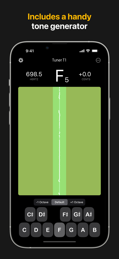 Tuner T1 app interface showing the tone generator feature with a musical keyboard and pitch frequency display