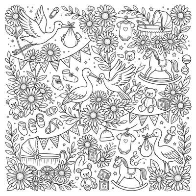 Welcome a new arrival with our charming Daisies and Baby Shower coloring page, a delightful blend of blossoming flowers and sweet nursery items. Perfect for celebrating expectant parents and sharing the joy of new life through creative expression.