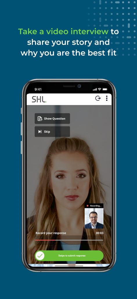 SHL Job Assessments - SHL職務アセスメントアプリ内のビデオ面接録画インターフェースを表示するモバイル画面