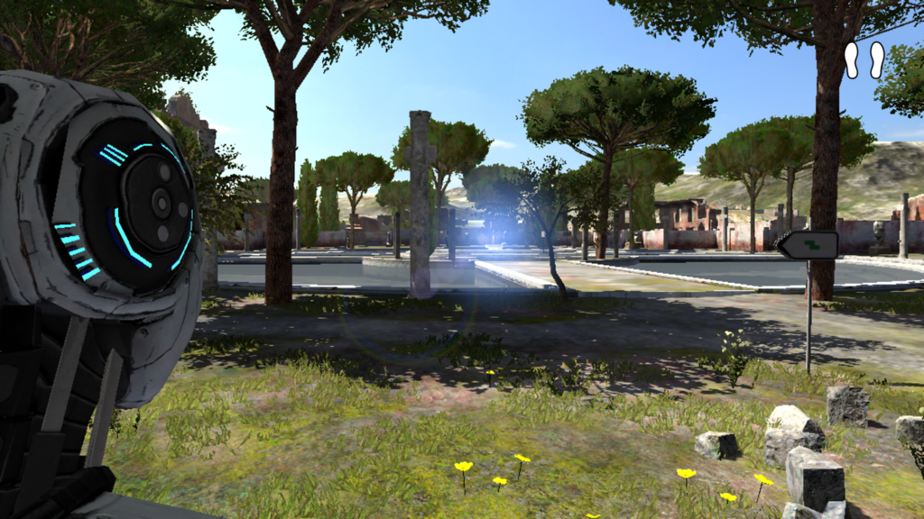 First-person view of a robot character in a scenic courtyard with ancient ruins in The Talos Principle