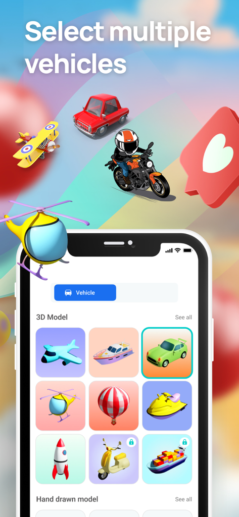 Travel Route: 3D Map & Plan - Écran de l'application TravelBoast montrant divers modèles de véhicules 3D pour les animations d'itinéraires de voyage