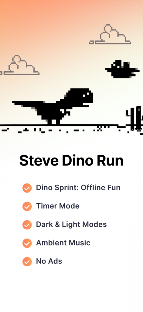 Pantalla de la aplicación Steve Dino Run que muestra un dinosaurio pixelado y una lista de funciones que incluyen juego sin conexión y modo temporizador.