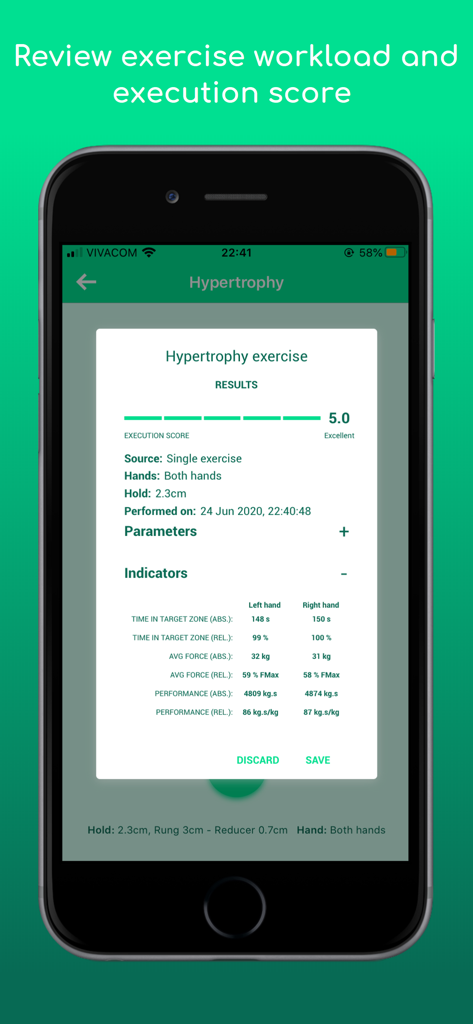 Climbro - A mobile screen showing the results and execution score for a hypertrophy climbing exercise including left and right hand performance metrics.