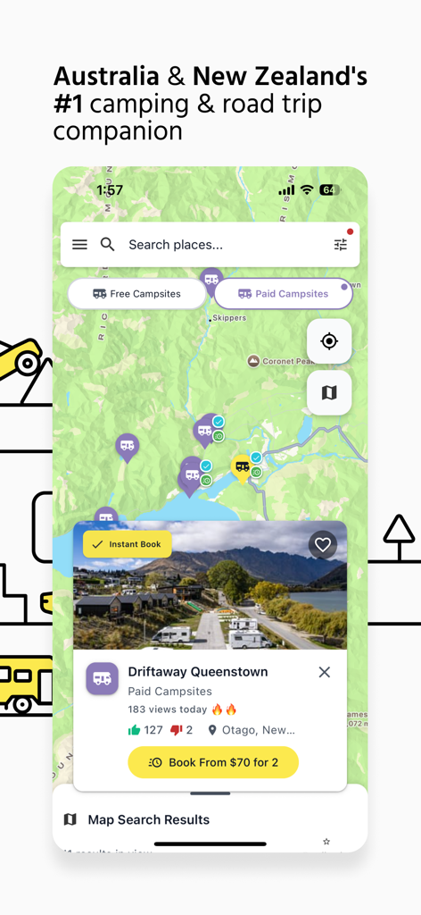 CamperMate Australia & NZ - CamperMateアプリのインターフェース。ニュージーランドのキャンプ場のマップと、Driftaway Queenstownの予約カードを表示しています。
