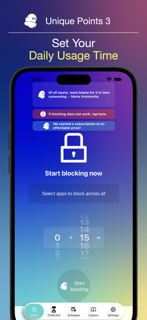 Interface of the Time Rich app showing the quick block feature to set a daily usage time limit