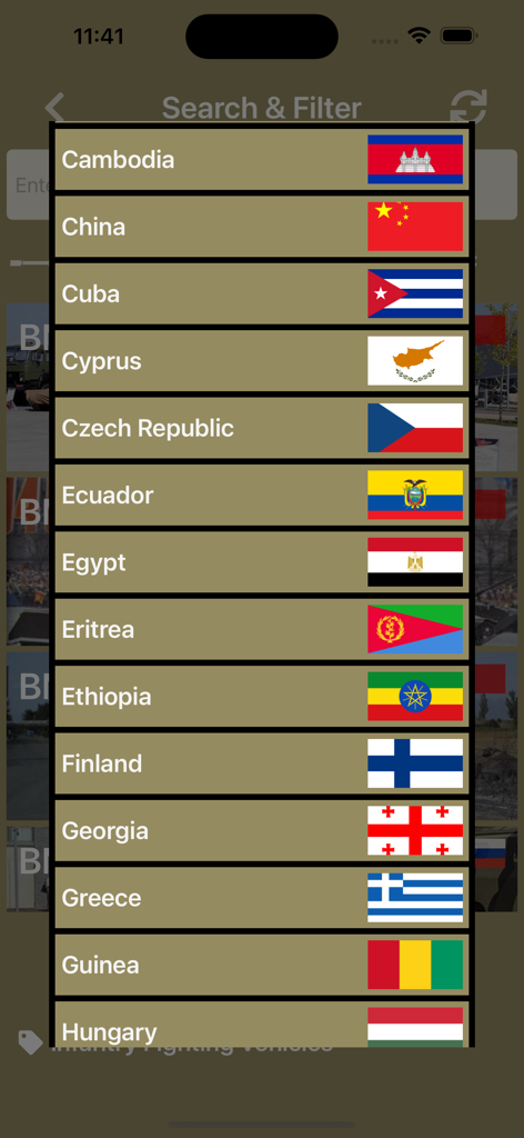 Country selection list with flags for filtering armored fighting vehicles in the AFV Recognition app.