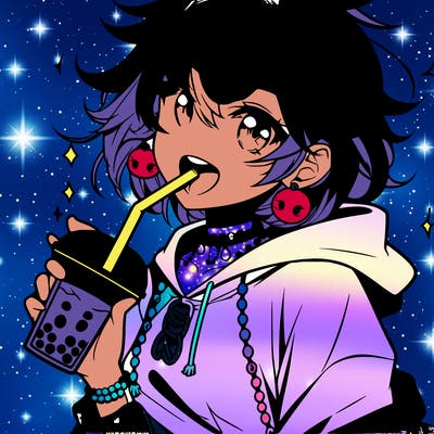 hot baddie anime girl drinking boba and biting the straw