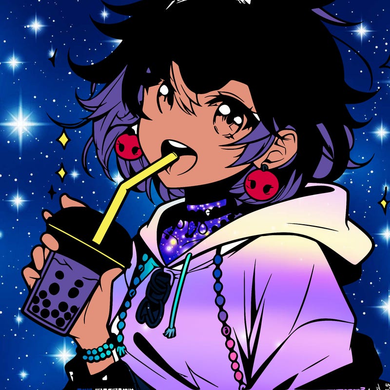 hot baddie anime girl drinking boba and biting the straw