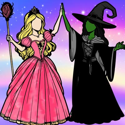 detailed realistic split of a princess and a witch