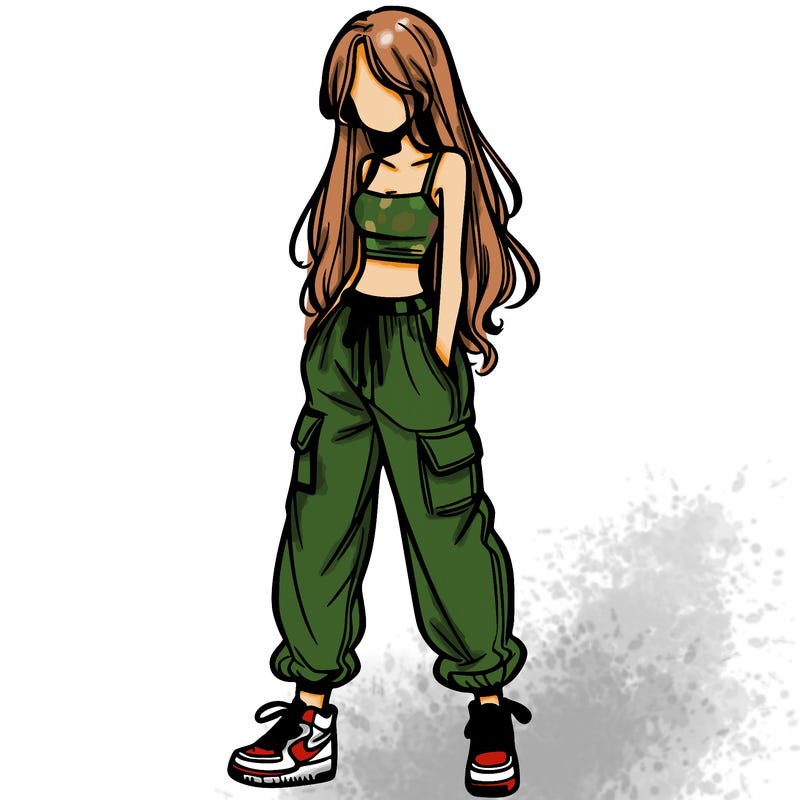 girl in baggy pants crop top and long hair