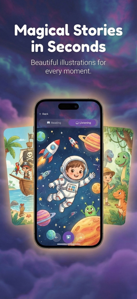 TaleHero: Bedtime Stories - 宇宙や恐竜のテーマのパーソナライズされたAIおやすみストーリーを表示するスマートフォン