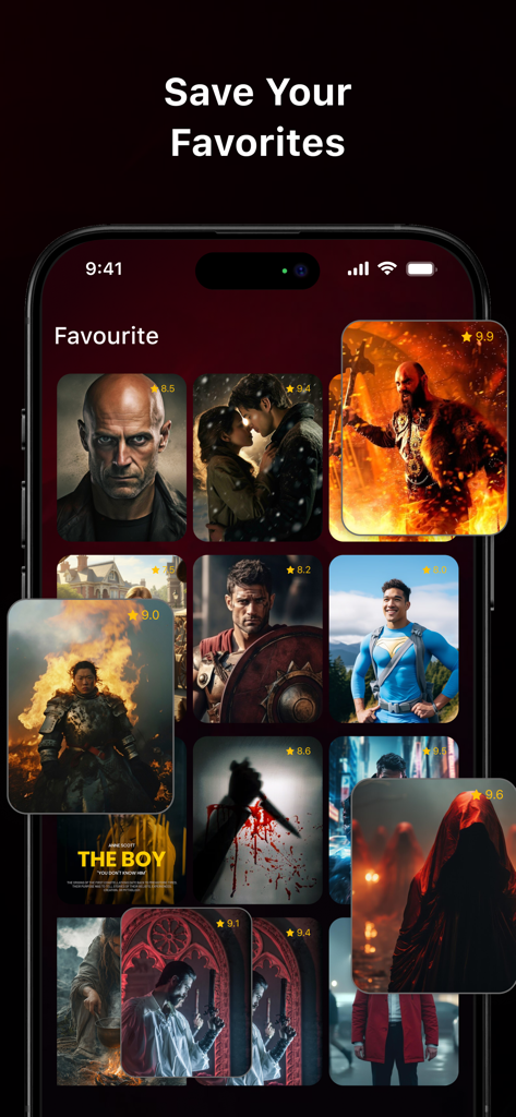 NetMirror APP - Watch Movies - Screenshot of the NetMirror app interface displaying a grid of saved favorite movies with star ratings.