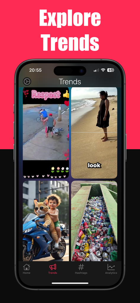 TikSaver: Tik Video Saver - TikSaver App-Oberfläche, die den Tab „Trends entdecken“ mit einem Raster von viralen Trendvideos zeigt