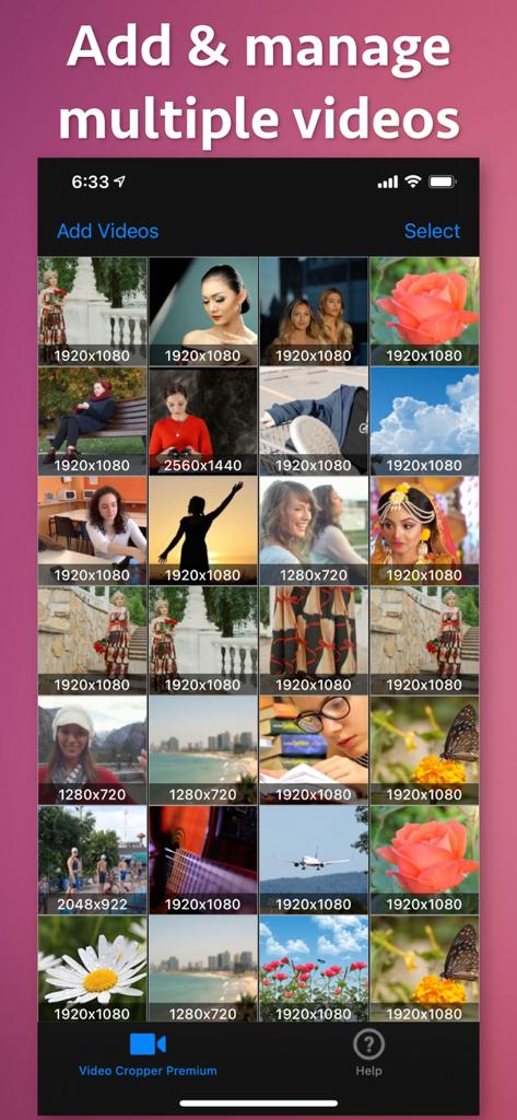 Video Cropper Premium - A grid of videos with their resolutions in the Video Cropper Premium app.