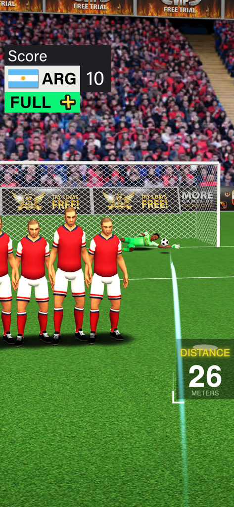 Arcade soccer game gameplay showing a free kick against a wall of defenders and a diving goalkeeper