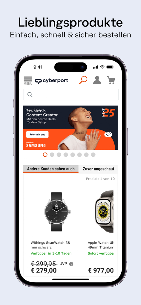 The home screen of the Cyberport app showing various smartwatches and electronic deals on a smartphone.