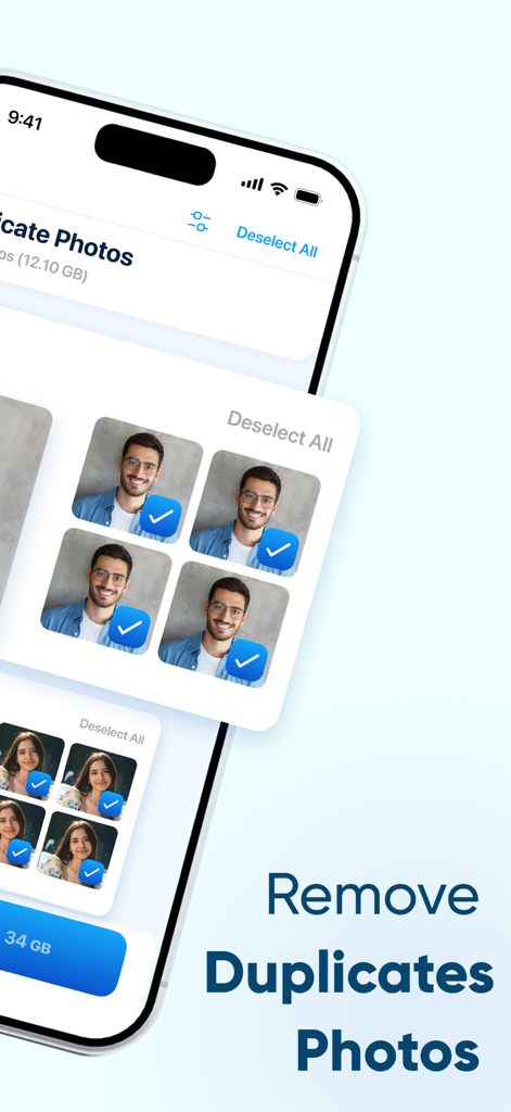 iPhone app interface showing groups of duplicate photos selected for removal to free up storage space