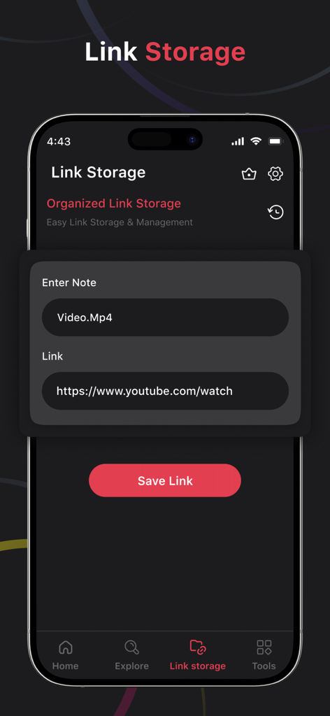 Interface of the Vid-Mate app showing the link storage feature for saving and organizing video links