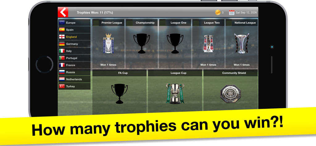 Soccer Boss: Football Game - Una pantalla de juego móvil de Soccer Boss que muestra varios trofeos de fútbol inglés ganados y un banner preguntando cuántos trofeos puede ganar el jugador.