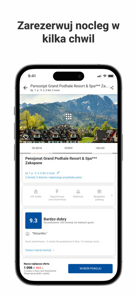 Screenshot der Nocowanie.pl App, der eine Pension in Zakopane mit Bergblick und Gästebewertungen zeigt
