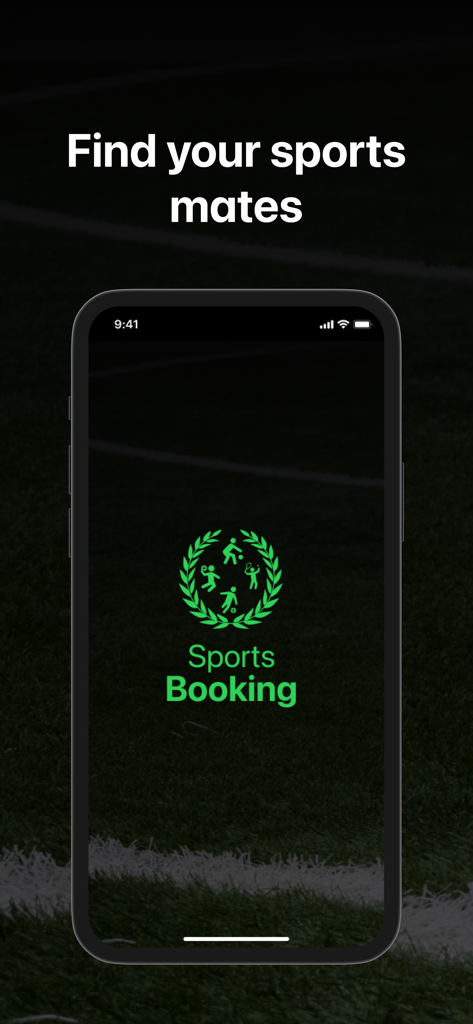 SportsBooking - SportsBooking app splash screen featuring the logo and the text Find your sports mates on an iPhone