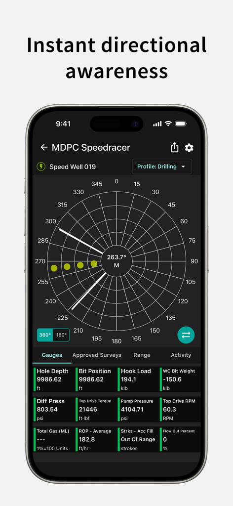 Max Drilling - Interfaz de la aplicación móvil Max Drilling que muestra un indicador direccional y métricas de datos de perforación en tiempo real como la profundidad del pozo y la posición de la broca