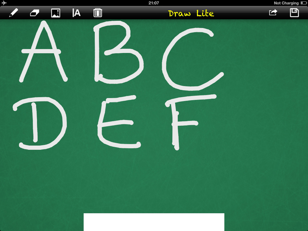 Draw for iPad Lite, Blackboard - Una lavagna digitale verde che mostra le lettere bianche disegnate a mano A B C D E F